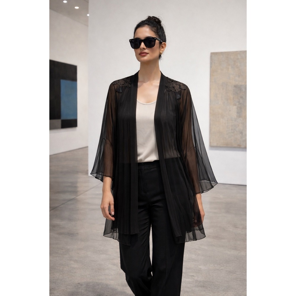 Loyd/Ford Sheer Pleated Kimono Jacket Black Embroidered Shoulder Wrap OS